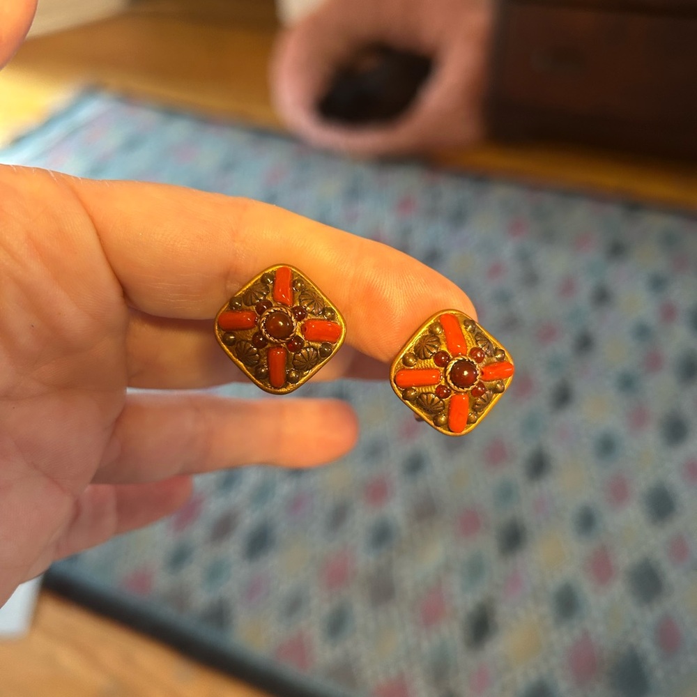 Vintage Style Orange and Gold Earrings
